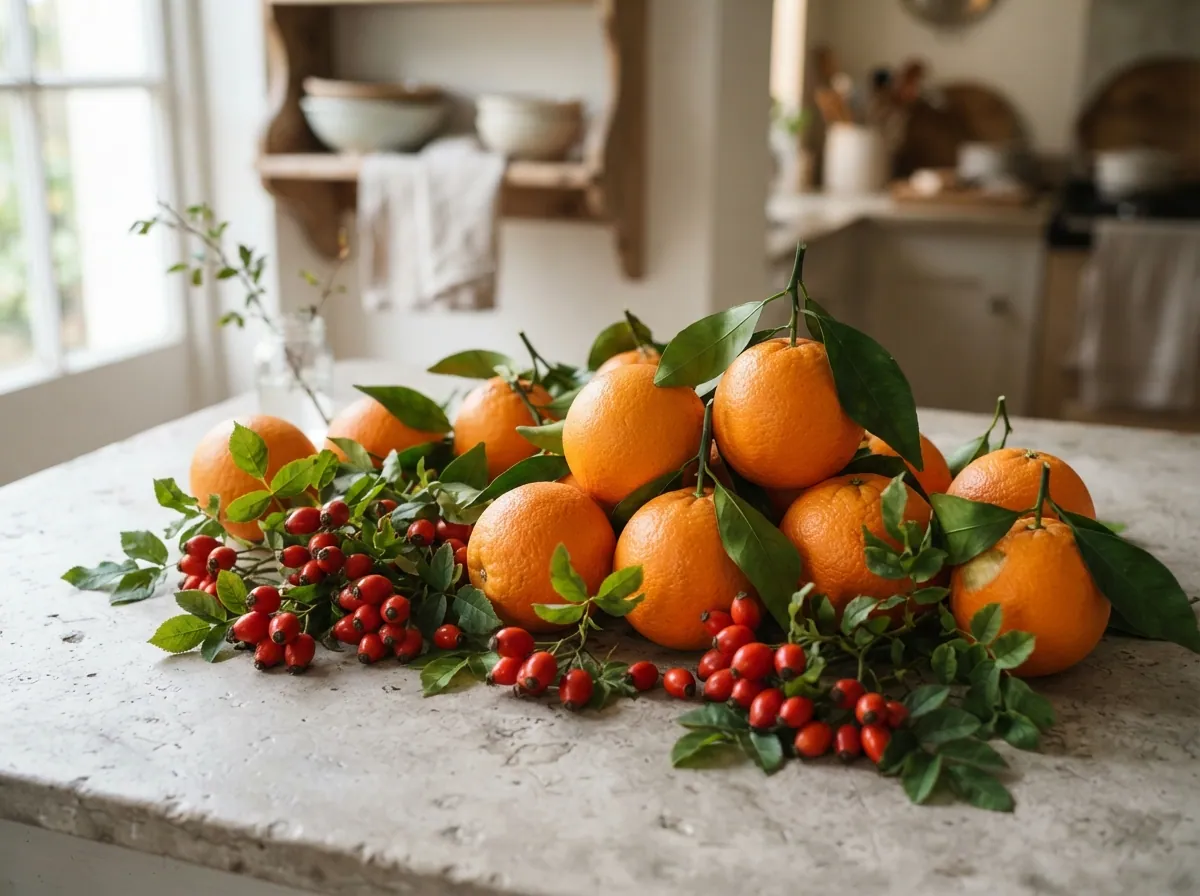Vitamine C bronnen: sinaasappels en rozebottels
